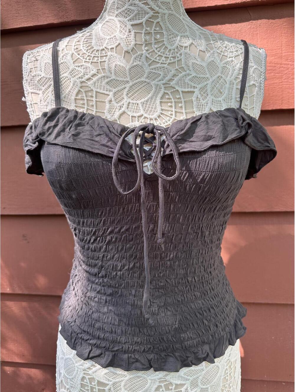 American Eagle Black Smocked Ruffle Cami Top